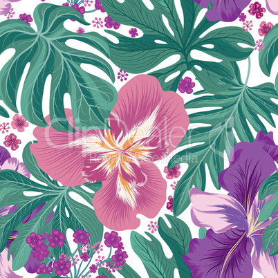 Tropcal flowers and palm leaves seamless pattern. Floral summer