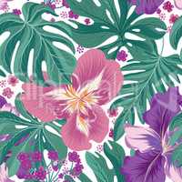 Tropcal flowers and palm leaves seamless pattern. Floral summer