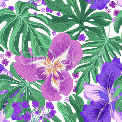 Tropcal flowers and palm leaves seamless pattern. Floral summer background.