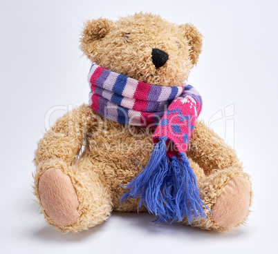 brown plz bevy bear in a knitted multi-colored scarf