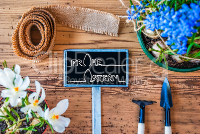 Spring Flowers, Sign, Calligraphy Frohe Ostern Means Happy Easter