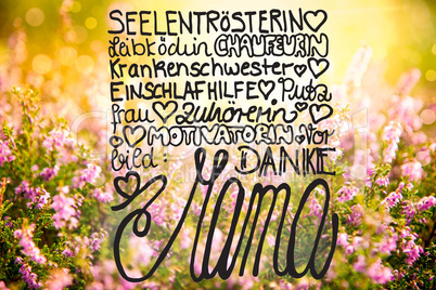 Erica Flower Field, Calligraphy Danke Mama Means Thanks Mom