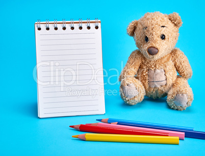 little brown teddy bear  and a blank notebook