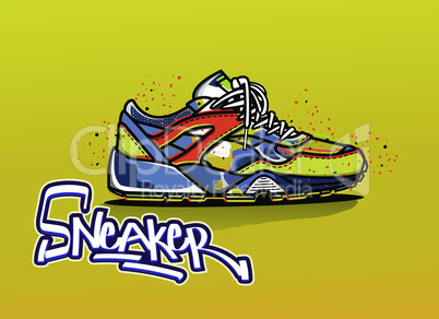 Illustration of sneaker in color. Sport shoes. Shoes for running. Icon. Lettering logo