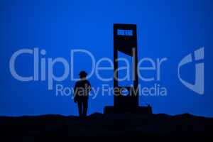 Horror view of Guillotine. Close-up of a guillotine on a dark foggy background.