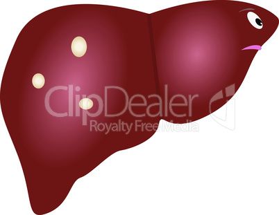 Cute unhealthy liver with cysts icon made in cartoon style. Medical concept.
