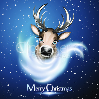 Christmas card with cute reindeer over blue