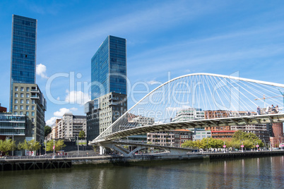 Zubizuri bridge through Nervion River in Bilbao, Spain