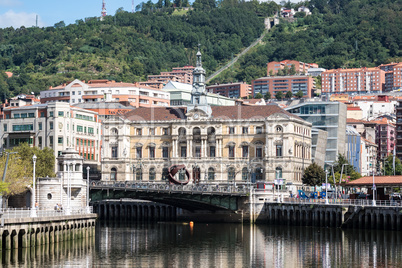 The cityscape of Bilbao, Spain. The Nervion river crosses Bilbao downtown
