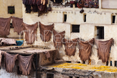Traditional leather production in old city Fes, Morocco