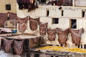 Traditional leather production in old city Fes, Morocco