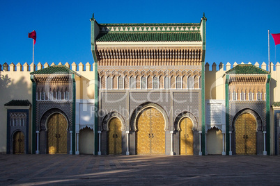 Royal Palace from Place des Alaouites with brass doors in Fes, Morocco
