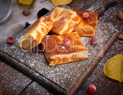 baked square pieces of pumpkin cheesecake