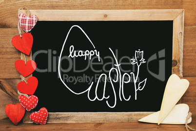Chalkbord, Red And Yellow Hearts, Calligraphy Happy Easter