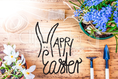 Sunny Spring Flowers, Calligraphy Happy Easter, Wooden Background