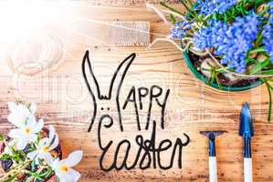 Sunny Spring Flowers, Calligraphy Happy Easter, Wooden Background