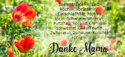 Poppy Flower, Spring, Calligraphy Danke Mama Means Thanks Mom