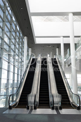Front view of three modern escalators in a office lobby