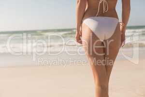 Young Caucasian woman in bikini standing on the beach