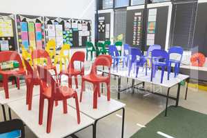 Chairs arranged on table in empty classroom