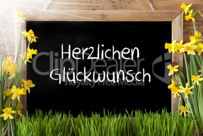Sunny Narcissus, Chalkboard, Herzlichen Glueckwunsch Means Congratulations