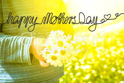 Child, Bouquet Of Daisy Flower, Calligraphy Happy Mothers Day