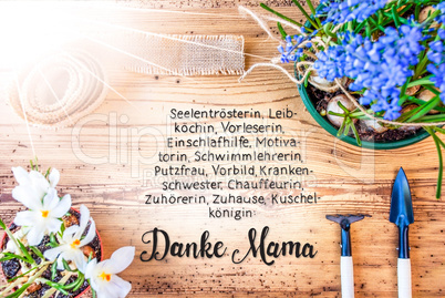 Sunny Spring Flowers, Calligraphy Danke Mama Means Thanks Mom