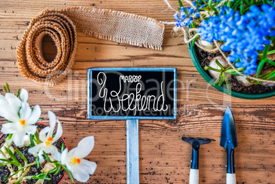 Spring Flowers, Sign, Calligraphy Happy Weekend, Wooden Background