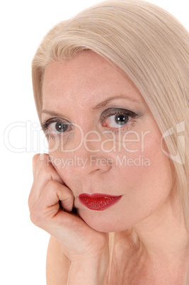 Close up head shoot of a beautiful blond woman looking in camera