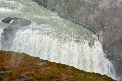 Closeup of Gullfoss waterfall in a cloudy day