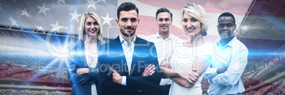 Composite image of confident business people with arms crossed standing over white background