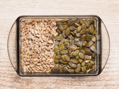 Sunflower and pumpkin seeds in a bowl