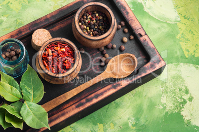 Spices and herbs on kitchen table