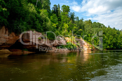 Landscape with river, cliff  and forest in Latvia.