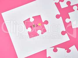 white big puzzles on a pink background, the inscription team,