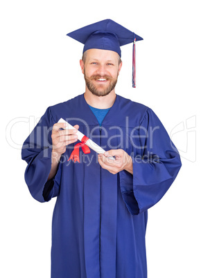 Happy Male Graduate In Cap and Gown with Diploma Isolated on White