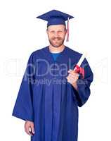 Happy Male Graduate In Cap and Gown with Diploma Isolated on White