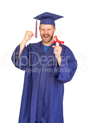 Happy Male Graduate In Cap and Gown with Diploma Isolated on White