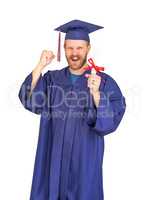 Happy Male Graduate In Cap and Gown with Diploma Isolated on White