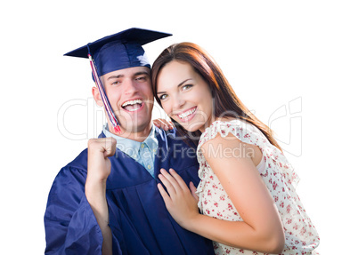 Proud Male Graduate In Cap and Gown with Pretty Girl Isolated