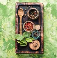 Spices and herbs on kitchen table