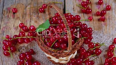 Redcurrant in basket on brown wooden table rotating