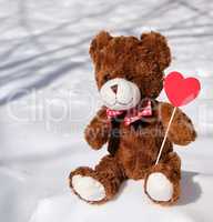 brown teddy bear sits on a snowdrift of snow