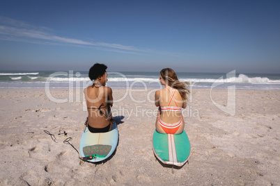 Young women sitting on surfboard at beach in the sunshine