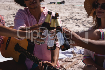 Group of friends toasting beer bottle at beach in the sunshine