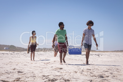Group of friends carrying ice box and beer bottles on beach