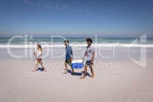 Group of friends carrying ice box and beer bottles on beach in the sunshine