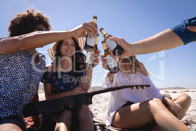 Group of friends toasting beer bottles at beach in the sunshine
