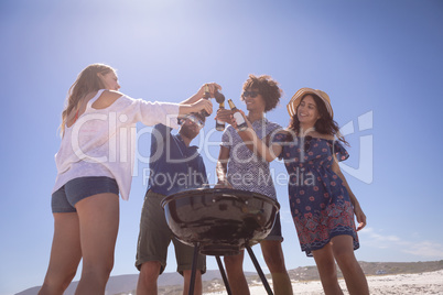 Group of friends toasting beer bottle at beach in the sunshine