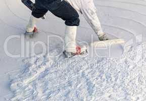 Worker Wearing Spiked Shoes Smoothing Wet Pool Plaster With Trowel